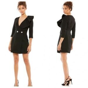 Mac Duggal 55692 Sheath Black Mini Dress Ruffles Plunging V Neck Size 2 NWT